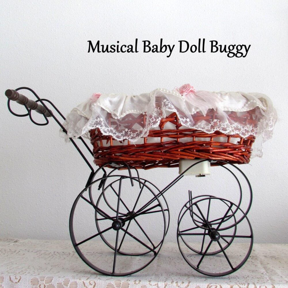 BABY DOLL BUGGY, MUSICAL VINTAGE IRON WHEELED CARRIAGE, LACY BEDLINENS in BASKET